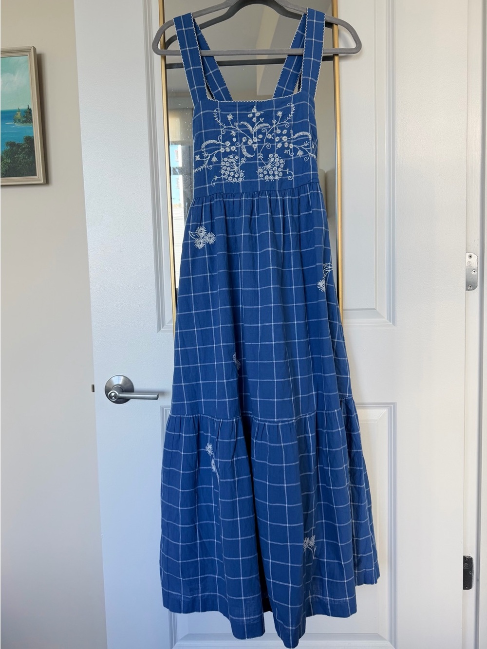 NWT Madewell 100% Cotton Blue Checked Embroidered Tiered Sundress size 8